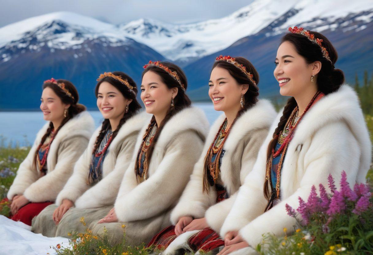 A diverse group of women of all sizes, adorned in traditional Alaskan attire, joyfully celebrating nature in a stunning Arctic landscape. The scene captures their confidence and beauty, with snow-capped mountains in the background and vibrant wildflowers at their feet. Emphasize warmth and connection with the earth, showcasing their unique feminine expressions. Create a sense of harmony and empowerment. super-realistic. vibrant colors. serene background.
