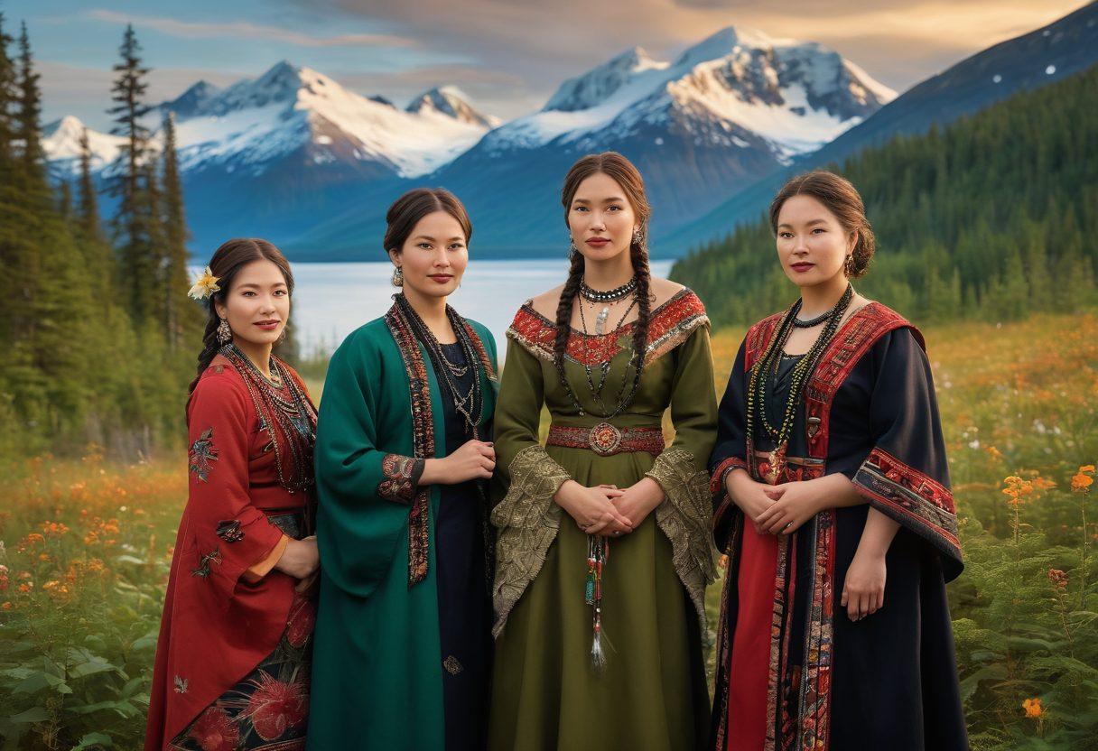 A stunning landscape featuring Alaskan wilderness with snow-capped mountains and evergreen forests, interspersed with portraits of diverse Alaskan women wearing traditional and modern attire that represents their unique feminine expression. Each woman exudes confidence, showcasing cultural adornments such as beaded jewelry, handwoven fabrics, and natural elements like wildflowers. Soft, warm lighting enhances the sense of community and resilience among them, creating an inviting atmosphere. super-realistic. vibrant colors. serene background.